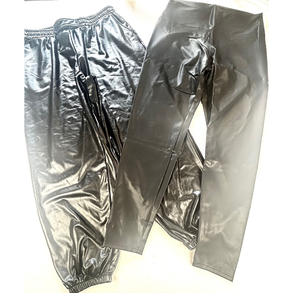 2pc Lot Women Black Faux Leather Leggings & Jogger Pants 2XL NWT NWOT